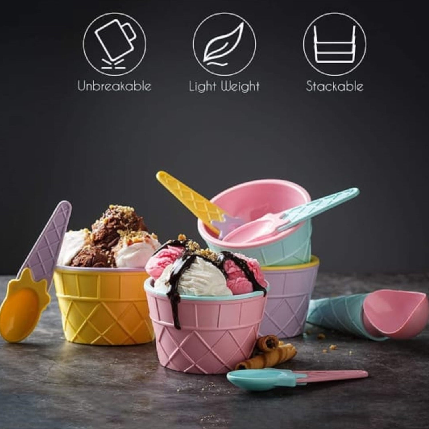 Premium Ice Cream Waffle Spoon Bowl Set (6-Piece , Color Box) Premium Ice Cream Waffle Spoon Bowl Set (6-Piece , Color Box)